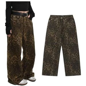jeans Tan Leopard Jeans, Dames Heren Y2K Luipaard Vintage Smalle Wijde Pijpen Luipaardprint Baggy Y2K Jeans, Denim Broek Vrouwelijke Wijde Pijpen Broek Street Wear Hip Hop Vintage Los Casual (Color :