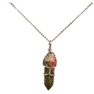 Handmade Jewelry: Wire Wrapped Natural White Turquoises Opal Stone Point Pendant Necklace with Silvery Chains for Women (Color : Unakite)