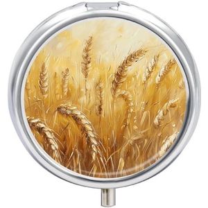 Pillendoos Gouden Tarwe Veld Afbeelding Ronde Pil Case voor Portemonnee & Pocket 3 Compartiment Geneeskunde Pil Organizer Draagbare Reizen Pillendoos Geneeskunde Vitamine Kabeljauw Leverolie