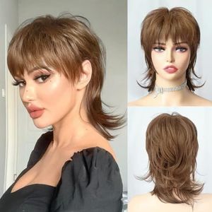 Korte Bruine Pruiken Shaggy Gelaagd Jaren '80 Mullet Pruik Pixie-kapsel Pruik Met Pony Gekruld Synthetisch Natuurlijk Nep Haar Vervangende pruiken Dagelijks Feest Cosplay(Style 4,12 Inch)