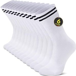 YouShow 6 paar sokken voor dames en heren, tennissokken, sportsokken, crew, ademend, retro, katoenen sokken, wit/zwart, 6 x wit, 43-46 EU