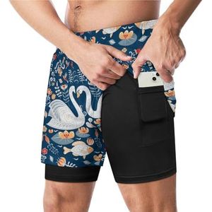 Folk Style Zwanen, Vis, Bloemen Patroon Grappige Zwembroek met Compressie Liner & Pocket Voor Mannen Board Zwemmen Sport Shorts