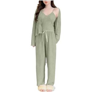 UPPJPBSW Dames 3-delig Pyjama Set met Ingebouwde BH Cami Top, Lange Mouw Cardigan Lange Broek, Warme Herfst Winter Slaapkleding,Groen,L