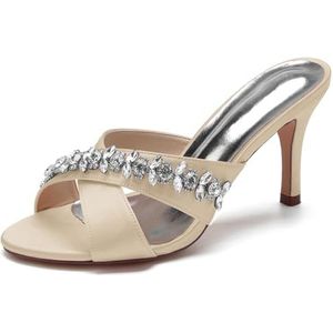 SYDZSW Ivoor trouwschoenen met naaldhak, bruidsschoenen, hoge hakken, satijn, sandaal, riem met strass, 35-42, Champagne, 35 EU