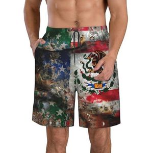 MGGAklp Mexicaans-Amerikaanse vlag print casual shorts heren elastische taille trekkoord lichtgewicht outdoor zomer strand shorts, Wit, S