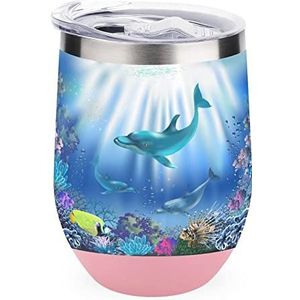Cartoon Underwater World Dolfijnen Koraal Geïsoleerde Tumbler met Deksel Leuke Roestvrij Staal Koffie Mok Duurzaam Thee Cup Reismok Roze Stijl
