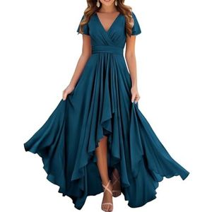 Dames chiffon bruidsmeisjes jurken met split lange galajurken ruches cocktailjurk plus size, Pauw, 32