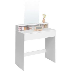 VASAGLE Toilettafel met grote rechthoekige spiegel, kaptafel met 2 lades en 3 open vakken, kaptafel, moderne stijl, wit RDT113W01
