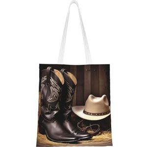 GFLFMXZW Cowboy zwarte hoed westernlaarzen 1 print canvas draagtas herbruikbare boodschappentas esthetische handtas schoudertas voor vrouwen meisjes, zwart, één maat, Zwart, One Size