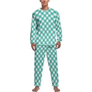 Groen Wit Geruite Kerst Zachte Heren Pyjama Set Comfortabele Lange Mouw Loungewear Top En Broek Geschenken S