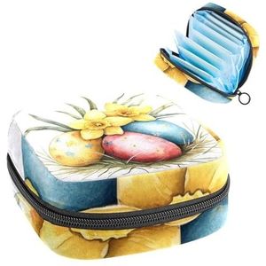 Opbergtas voor maandverband, veelkleurige paaseieren en gele bloemen, draagbare maandverband, inlegkruisjes, tampons, opberghouder voor maandverband voor vrouwen, school, kantoor