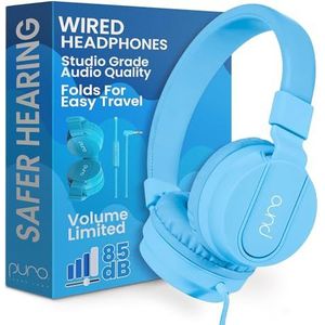 Puro Sound Labs PuroBasic Volume Limiting bedrade hoofdtelefoon voor kinderen, jongens, meisjes, 2+, opvouwbare en verstelbare hoofdband, compatibel met iPad, iPhone, Android, pc en Mac, blauw
