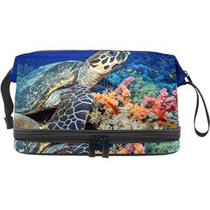 Grote capaciteit reizen cosmetische tas,Zeeschildpad onderwater,Make-up tas,Waterdichte make-up tas organisator, Meerkleurig, 27x15x14 cm/10.6x5.9x5.5 in