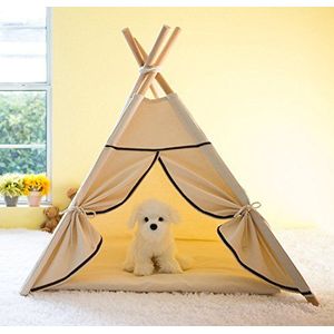 Lily&her friends -Pet Teepee Bed, Tent voor Hond (Puppy) & Katten, Wasbare Honden & Katten Speelgoed Wigwam, Draagbare Hondententen, Huisdieren van Indisch Ontwerp met Katoen Canvas Kussen (Beige, Rand met Zwart, Medium)