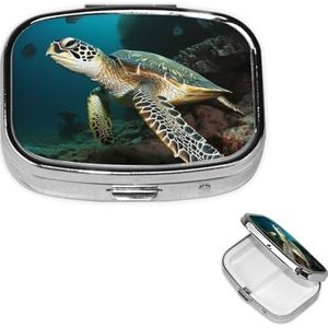 Sea Turtle Pillendoosje met 2 compartimenten, kleine pillendoos voor portemonnee en zak, metalen pillenetui met spiegel, dagelijkse pillenorganizer voor op reis, draagbare medicijnvitaminehouder,