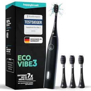 happybrush Sonische tandenborstel Eco Vibe 3 – ""Die Höhle der Löwen"" – testwinnaar – Elektrische tandenborstel met 6 weken batterij – Ultrasone tandenborstels – Incl. 4 opzetborstels - Black