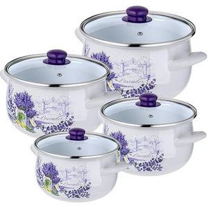 KADAX 4-delige pannenset van email met deksels, kookgerei, set van 4, kookpannen met handgrepen, potten in vintage of moderne stijl (lavendel)