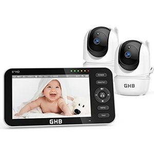 GHB Babyfoon met 2 camera's, 5 inch HD IPS-display, batterijduur tot 22 uur in slaapmodus, VOX-modus, nachtzicht, intercomfunctie 720p