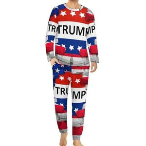 Amerikaanse vlag en Trump comfortabele herenpyjama set ronde hals lange mouwen loungewear met zakken 3XL