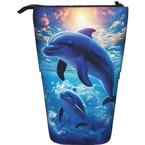 RLDOBOFE Leuke Dolfijnen Print Potlood Tas Stand-Up Intrekbare Potlood Doos Organizer Pen Houder Opbergtas Cosmetische Tas Voor Office Kerst Vakantie Gift, Zwart, Eén maat
