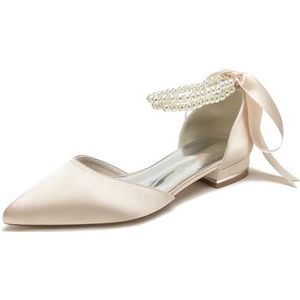EICOFF Vrouwen Gesloten Teen Lage Hakken Schoenen voor Dames Satijn bruiloft Bruids Parels Enkelband Flats Pumps Jurk Party Sandalen,Champagne,36 EU