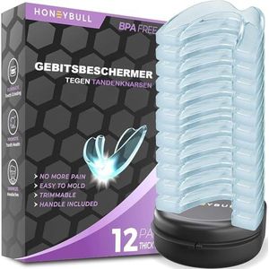 HONEYBULL Tandscherm tegen Tandknarsen – Comfortabel Bitje voor Nachtelijk Knarsen & Klemmen | Op Maat voor Bruxisme, Bleken & Gebitsbescherming (Dik, 12, stuk)