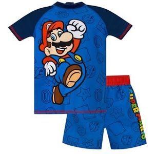 Super Mario Jongens Zwemset | Tweedelig Jongens Zwempak | Gaming Kinderen Rash Vest en Zwembroek | Blauw 128