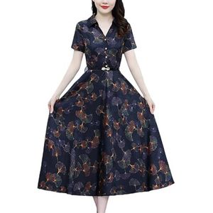 Elegante Bodycon Zijden Feestjurk voor Vrouwen Zomer Korte Mouw Prom Midi Jurk Vintage Print Maxi Jurk, Zwart, XXL