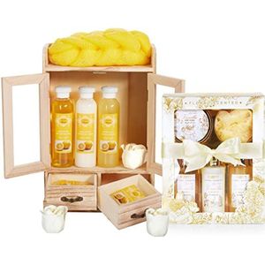 BRUBAKER Cosmetics 2-in-1 verzorgingsset Lemon & Vanilla Rose Mint - Grote 15-delige wellness-set - dames douche- en badset - vrouwen beauty cadeauset met decoratieve houten kast