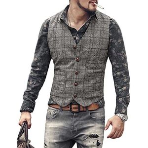 Heren visgraat pak vest slim fit zakelijke tweed Waiscoat geruite wol, Zilver, S