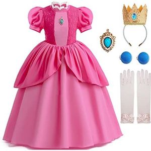 EpEdic Princess Peach Cosplay-kostuum Voor Meisjes En Kinderen, Prinses Peach-jurk Met Accessoires Zoals Een Kroon En Oorbellen (Roses(11-12 Years))