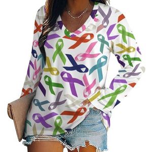 Veelkleurige linten voor bewustzijn dames casual T-shirts met lange mouwen V-hals bedrukte grafische blouses T-shirt tops M