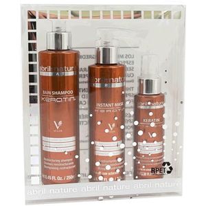 abril et nature - Professionele Haarverzorgingsset Keratin - Herstelt en Herstructureert met Ultra Snelle Keratine - Pack Shampoo, Masker en Serum voor Beschadigd of Breekbaar Haar - 550 ml