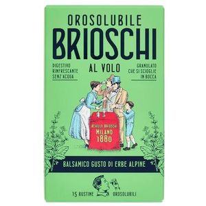 Oroloplosbaar Brioschi al volo Alpenkruiden, 15 zakjes spijsverterings- en bruisgranulaat voor gebruik zonder water, met balsamische alpenkruidsmaak, voor een onmiddellijke en lekkere verlichting, 15