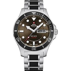 Swiss Military Heren 3 handen dag-datum duiker horloge 200 meter WR Sapphire Crystal SM34068.03, Zilver, 42mm, armband
