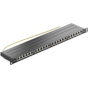 deleyCON CAT 6 0,5U Patchpanel Mini Distributiepaneel 24-Poorts - Desktop 19 Inch Rackmount Servermontage RJ45 Afgeschermd TIA568A TIA568B RAL 9005 Zwart