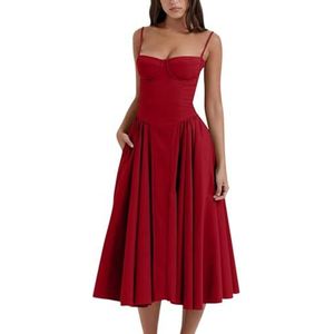 Spaghetti strap a line dress, Sexy Summer Dress for Women, Elegant Corset Fit Sleeveless Midi Dress, Pleated Party Dresses (M,Red)