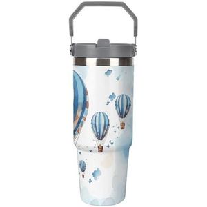 30 oz roestvrij staal geïsoleerde beker met klapdeksel en rietje, lekvrije reismok voor auto, blauwe heteluchtballon dubbelwandige vacuüm thermische koffiekop met handvat, morsbestendig ontwerp voor