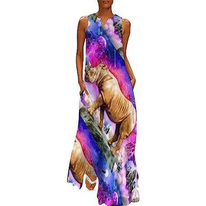 Olieverf schilderij van olifant dames enkellengte jurk slim fit mouwloze maxi-jurken casual zonnejurk 4XL