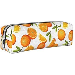 XUZHANG Leuke Oranje Fruit Patroon, Potlood Pouch Pen Case Draagbare Lederen Potlood Tas met Rits Cosmetische Pouch Bag, zoals afgebeeld, Eén maat, Tas Organizer