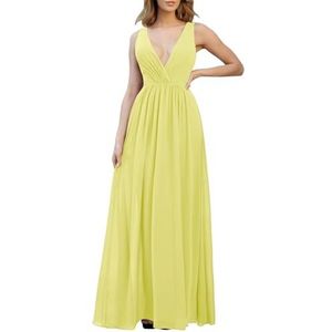 WSEYU Spaghetti Bandjes Chiffon Bruidsmeisjesjurken voor Bruiloft Diepe V-hals Prom Jurken Halter Formele Jurk, Geel, 50 grote maten