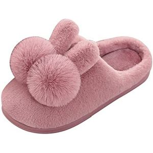 HaicoM Indoor Outdoor Slippers Vrouwen Luipaard Koppels Vrouwen Slip Op Harige Pluche Platte Thuis Winter Ronde Teen Warm Houden Cartoon Konijn Oor Slippers Schoenen Microfiber Mop Slippers voor