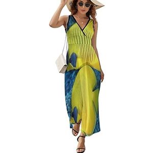 Gele tropische vissen dames lange jurk mouwloze maxi-jurk zonnejurk strand feestjurken avondjurken 2XL