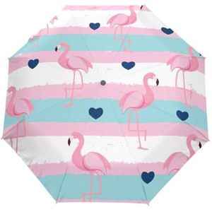 GAIREG Flamingo Roze Blauw Witte Strepen Opvouwbare Paraplu Auto Open en Sluit Compact Winddicht Paraplu