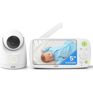 GHB Babyfoon met camera, 5 inch HD 1080P babyfoon, 4000 mAh-batterij, 7 x 24 st. in VOX-modus, 4 x zoom, tegensprek, nachtzicht, bereik 300 m