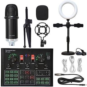 Geluidskaartset, Professionele Studio Condensator Microfoon Bundel WXH1000 Mic Kit Met Live Geluidskaart Draadloze Karaoke(Black BM900 LED)