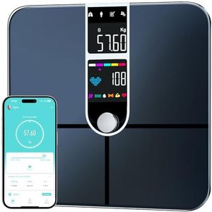 Personenweegschaal, slimme weegschaal, impedantiemeter, verbonden personenweegschaal met groot display, bluetooth-slimme weegschaal, met 22 meetwaarden, hartslag, spiermassa, BMI