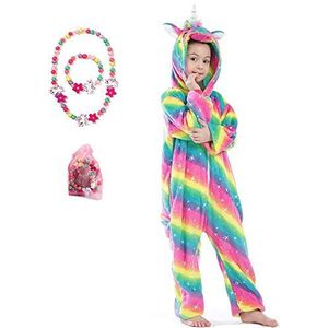 LINKE Kids Onesie voor meisjes Zachte Pluche Eenhoorn Pyjama Comfortabel Cadeau met Gratis Kleurrijke Armband & Ketting, Twinkling Regenboog, 7-8 Jaren