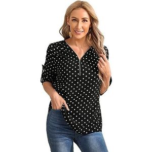 dames topjes Polka Dot Print Half Zip Roll Tab Sleeve Blouse (Color : Black and White, Size : 2XL)