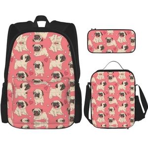 SUHNGE Grappige luiaards print 3 stuks rugzak schooltas met lunchtas set etui voor meisjes middelbare school, Grappige Cartoon Pug Puppy Hond, Eén maat